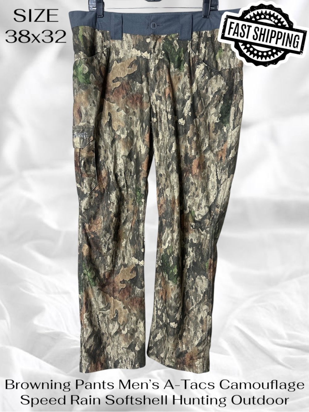 Browning Pants Mens 38x32 A-Tacs Camouflage Speed Rain Softshell Hunting Outdoor